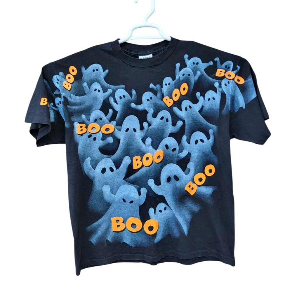 Vintage Happy Halloween Boo Ghost Shirt Mens XL Black All Over Print 90s